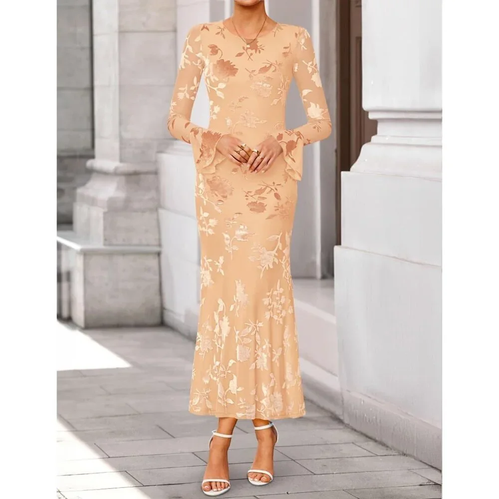Women's Red Apricot Long Sleeve Spring Fashion Bodycon Mesh Floral Maxi Dress